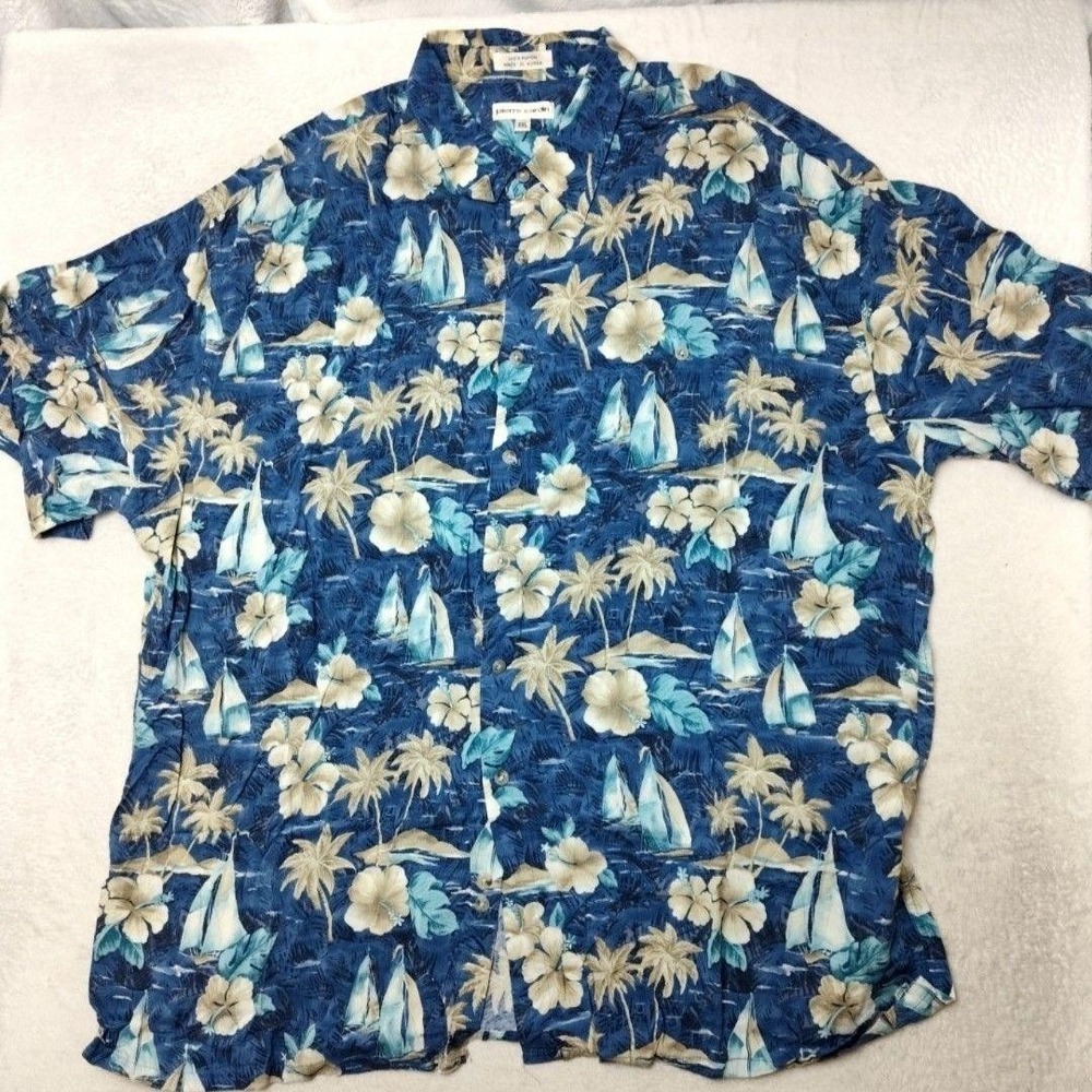 Pierre Cardin Shirt Mens 2XL Blue Floral Sailing Boat Hawaiian Button-Up Rayon